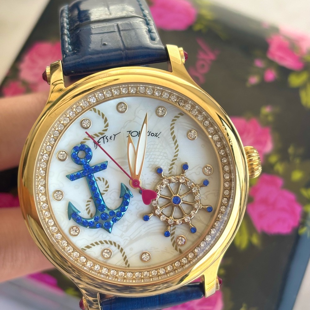 Betsey Johnson Gold and Blue Nautical Watch with Crystal Accents